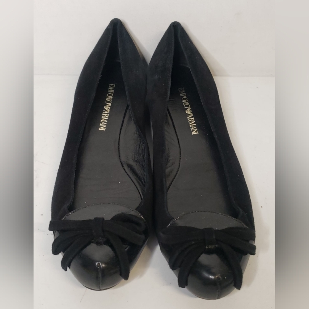 EMPORIO ARMANI Black Suede/Patent Leather Round-Toe Bow Flats Sz 38 Italy